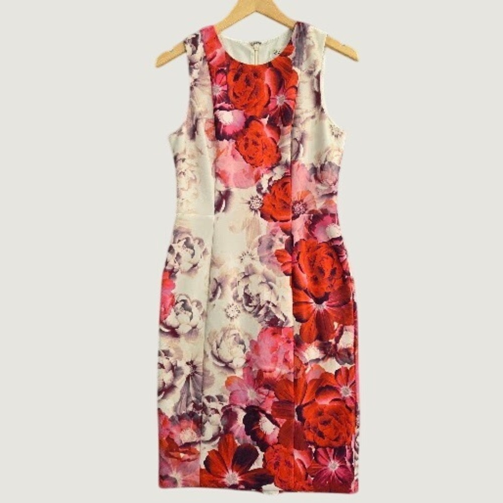 Eliza J Dress Women's 6 Red Pink Vibrant Floral Sheath Scuba Cocktail Sleeveless